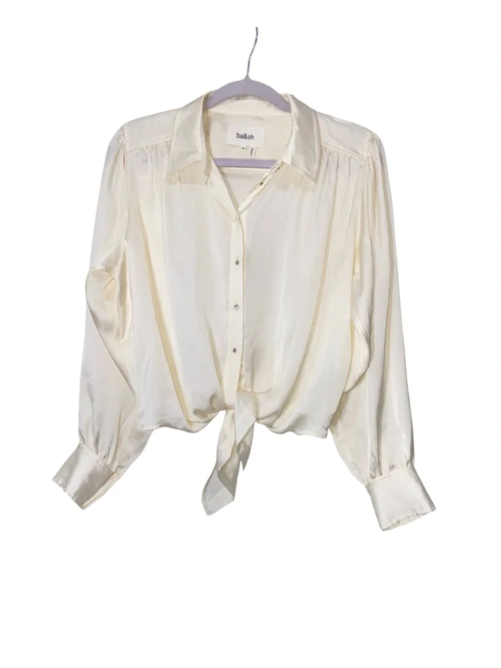 Revolve | Ba&sh Silk-Look Tie-Front Button Down Off White Long Sleeve blouse - Picture 2 of 7